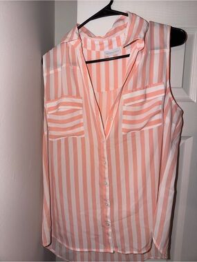 New York & Company Peach and White Striped Sleeveless Button-Down Top